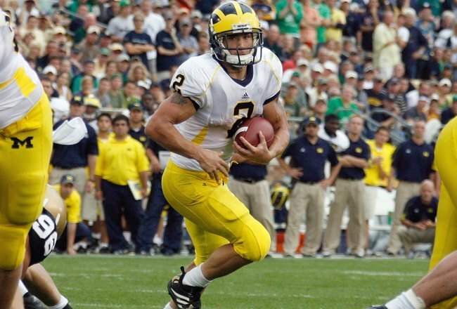 SOUTH BEND,IN - SEPTEMBER 13:  Sam McGuffie #2 of the Michigan Wolverines carries the ball during the game against the Notre Dame Fighting Irish on September 13, 2008 at Notre Dame Stadium in South Bend, Indiana. (Photo by: Gregory Shamus/Getty Images)