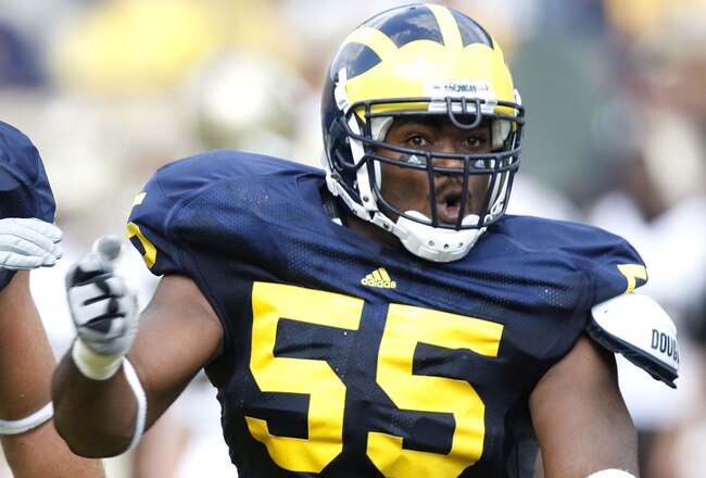 ANN ARBOR, MI - SEPTEMBER 05: Brandon Graham #55 of the Michigan Wolverines reacts after a second quarter sack while playing the Western Michigan Broncos on September 5, 2009 at Michigan Stadium in Ann Arbor, Michigan. Michigan won the game 31-7. (Photo by Gregory Shamus/Getty Images)