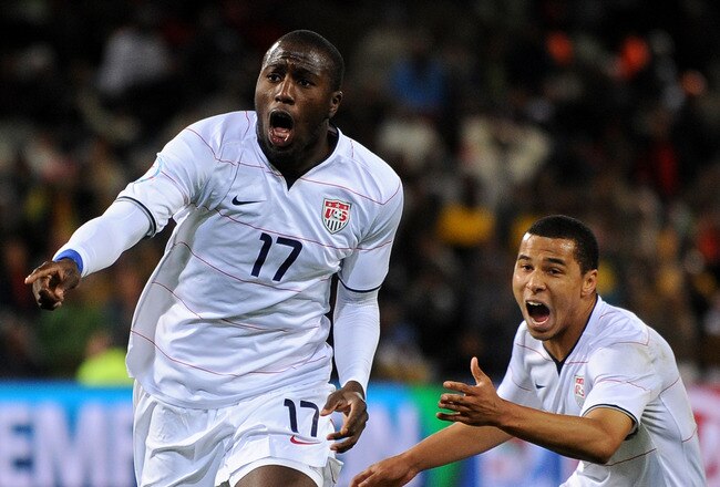 BLOEMFONTEIN, SOUTH AFRICA - JUNE 24:  Jozy Altidore (L) of USA celebrates scoring the opening goal with teammate Charlie Davies during the FIFA Confederations Cup Semi Final match between Spain and USA at Free State Stadium on June 24, 2009 in Bloemfontein, South Africa.  (Photo by Jasper Juinen/Getty Images)