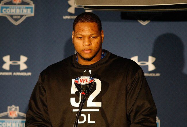 INDIANAPOLIS, IN - FEBRUARY 27: Defensive lineman Ndamukong Suh of Nebraska talks with the media during the NFL Scouting Combine presented by Under Armour at Lucas Oil Stadium on February 27, 2010 in Indianapolis, Indiana. (Photo by Scott Boehm/Getty Images)