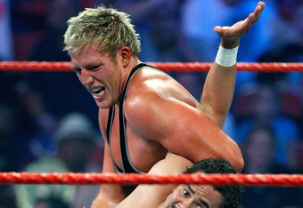 LAS VEGAS - AUGUST 24:  Wrestlers Jack Swagger (top) and Primo
 compete during the WWE Monday Night Raw show at the Thomas & Mack 
Center August 24, 2009 in Las Vegas, Nevada.  (Photo by Ethan 
Miller/Getty Images)