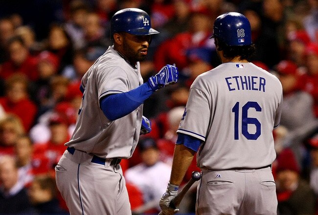 PHILADELPHIA - OCTOBER 19:  Matt Kemp #27 (L) and Andre Ethier #16 of the Los Angeles Dodgers celebrate after Kemp scored on his solo home run in the top of the fifth inning against of the Philadelphia Phillies in Game Four of the NLCS during the 2009 MLB Playoffs at Citizens Bank Park on October 19, 2009 in Philadelphia, Pennsylvania.  (Photo by Chris McGrath/Getty Images)