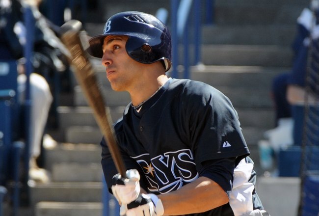 TAMPA, FL - MARCH 5: Infielder Sean Rodriguez #1 of the Tampa Bay Rays bats against the New York Yankees March 5, 2010 at the George M. Steinbrenner  Field in Tampa, Florida. (Photo by Al Messerschmidt/Getty Images) 