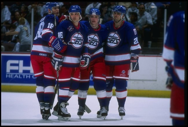 14 Apr 1996:  The Winnipeg Jets celebrate during a game against the Anaheim Mighty Ducks at Arrowhead Pond in Anaheim, California.  The Ducks won the game, 5-2. Mandatory Credit: Glenn Cratty  /Allsport