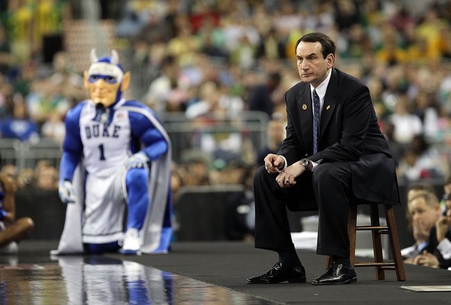 HOUSTON - MARCH 28:  Head coach Mike Krzyzewski of the Duke Blue Devils during the south regional semifinal of the 2010 NCAA men's basketball tournament at Reliant Stadium on March 26, 2010 in Houston, Texas.  (Photo by Ronald Martinez/Getty Images)