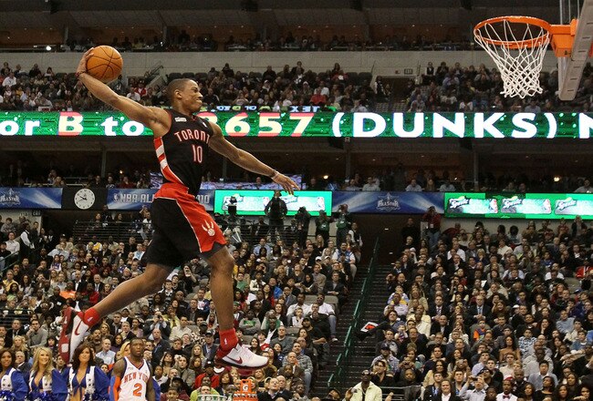 DALLAS - FEBRUARY 13:  DeMar DeRozan #10 of the Toronto Raptors goes up for a dunk during the Sprite Slam Dunk Contest on All-Star Saturday Night, part of 2010 NBA All-Star Weekend at American Airlines Center on February 13, 2010 in Dallas, Texas. NOTE TO USER: User expressly acknowledges and agrees that, by downloading and or using this photograph, User is consenting to the terms and conditions of the Getty Images License Agreement.  (Photo by Jed Jacobsohn/Getty Images)