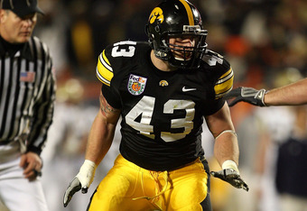 MIAMI GARDENS, FL - JANUARY 05:  Linebacker Pat Angerer #43 of the Iowa Hawkeyes defends against the Georgia Tech Yellow Jackets during the FedEx Orange Bowl at Land Shark Stadium on January 5, 2010 in Miami Gardens, Florida.  (Photo by Doug Benc/Getty Images)