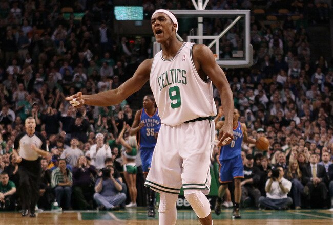 BOSTON - MARCH 31:  Rajon Rondo #9 of the Boston Celtics directs his teammates in the fourth quarter against the Oklahoma City Thunder on March 31, 2010 at the TD Garden in Boston, Massachusetts. The Oklahoma City Thunder defeated the Boston Celtics 109-104. NOTE TO USER: User expressly acknowledges and agrees that, by downloading and or using this photograph, User is consenting to the terms and conditions of the Getty Images License Agreement.  (Photo by Elsa/Getty Images)