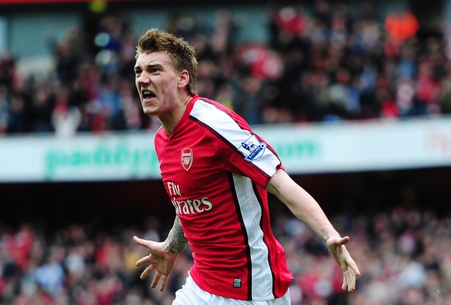 LONDON, ENGLAND - APRIL 03:  Nicklas Bendtner of Arsenal celebrates scoring a late winner during the Barclays Premier League match between Arsenal and Wolverhampton Wanderers at the Emirates Stadium on April 3, 2010 in London, England.  (Photo by Mike Hewitt/Getty Images)