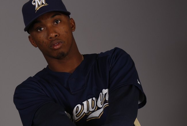 MARYVALE, AZ - FEBRUARY 26:  Alcides Escobar #71 poses for a photo during the Milwaukee Brewers Spring Training Photo Day at Maryvale Baseball Park on February 26, 2008 in Maryvale, Arizona.  (Photo by Chris Graythen/Getty Images)
