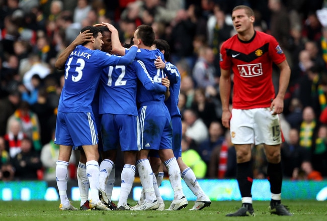 MANCHESTER, ENGLAND - APRIL 03:  The Chelsea players celebrate at the end of the Barclays Premier League match between Manchester United and Chelsea at Old Trafford on April 3, 2010 in Manchester, England.  (Photo by Alex Livesey/Getty Images)