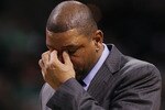 BOSTON - MARCH 31:  Head coach Doc Rivers of the Boston Celtics calls a time out in the first quarter against the Oklahoma City Thunder on March 31, 2010 at the TD Garden in Boston, Massachusetts.  NOTE TO USER: User expressly acknowledges and agrees that, by downloading and or using this photograph, User is consenting to the terms and conditions of the Getty Images License Agreement.  (Photo by Elsa/Getty Images)