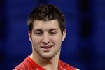 INDIANAPOLIS, IN - FEBRUARY 28: Quarterback Tim Tebow of Florida looks on during the NFL Scouting Combine presented by Under Armour at Lucas Oil Stadium on February 28, 2010 in Indianapolis, Indiana. (Photo by Scott Boehm/Getty Images)