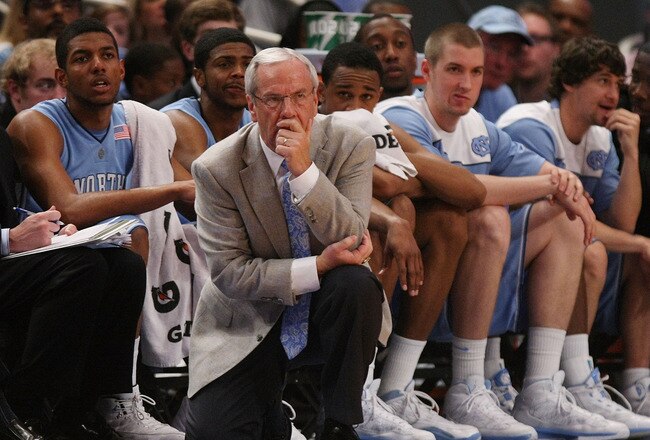 NEW YORK - APRIL 01: Head coach of the North Carolina Tar Heels, Roy Williams watches on against the Dayton Flyers during the 2010 NIT Championship Game at Madison Square Garden on April 1, 2010 in New York, New York.  (Photo by Nick Laham/Getty Images)