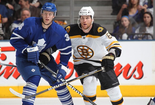 TORONTO, ON - APRIL 3: Dennis Wideman #6 of the Boston Bruins ties up Carl Gunnarsson #36 of the Toronto Maple Leafs in a game on April 3, 2010 at the Air Canada Centre in Toronto, Ontario. (Photo by Claus Andersen/Getty Images)