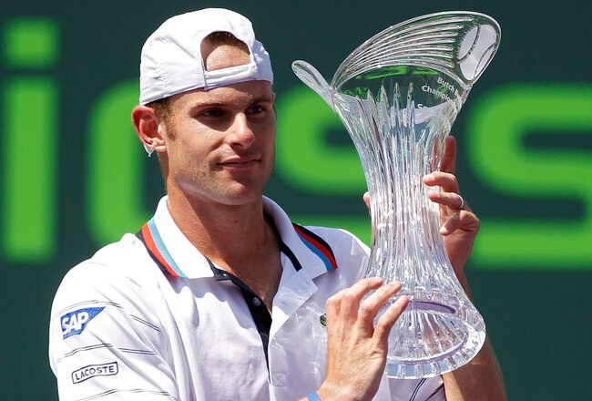KEY BISCAYNE, FL - APRIL 04:  Andy Roddick of the United States holds up the trophy after defeating Tomas Berdych of the Czech Republic in straight sets to win the men's final of the 2010 Sony Ericsson Open at Crandon Park Tennis Center on April 4, 2010 in Key Biscayne, Florida.  (Photo by Matthew Stockman/Getty Images)
