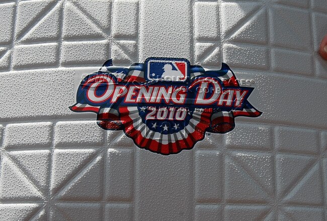 MILWAUKEE, WI - APRIL 05: A Brewers grounds crew member holds a base with the Opening Day 2010 logo that will be used prior to the game between the Colorado Rockies and the Milwaukee Brewers at Miller Park on April 5, 2010 in Milwaukee, Wisconsin. (Photo by Scott Boehm/Getty Images)