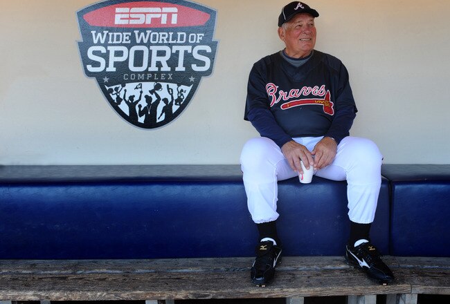 LAKE BUENA VISTA, FL - MARCH 31:  In this handout photo provided by Disney, Atlanta Braves manager Bobby Cox sits in the dugout at ESPN Wide World of Sports Complex prior to the start of his final game at the complex's baseball stadium on March 31, 2010 in Lake Buena Vista, Florida.  Cox is retiring as Braves manager following the 2010 season, and has trained the Braves each spring at Walt Disney World Resort since the sports complex opened in 1997. The Braves faced the Houston Astros in their final spring training home game of 2010 at ESPN Wide World of Sports Complex in Lake Buena Vista, Florida.  (Photo by David Roark/Disney via Getty Images)