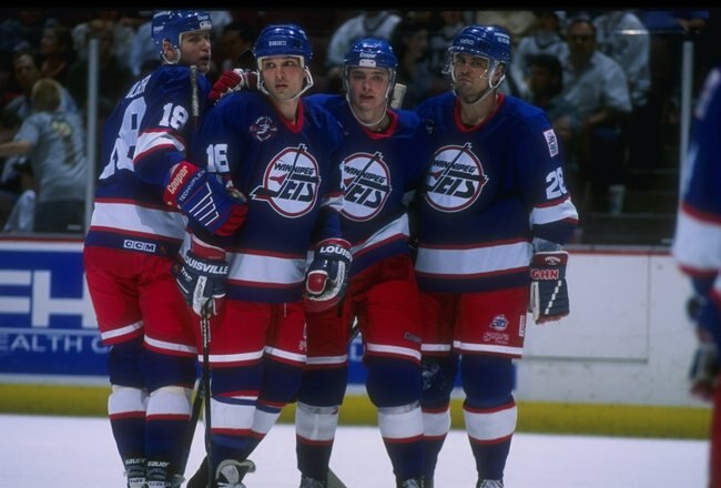 14 Apr 1996:  The Winnipeg Jets celebrate during a game against the Anaheim Mighty Ducks at Arrowhead Pond in Anaheim, California.  The Ducks won the game, 5-2. Mandatory Credit: Glenn Cratty  /Allsport