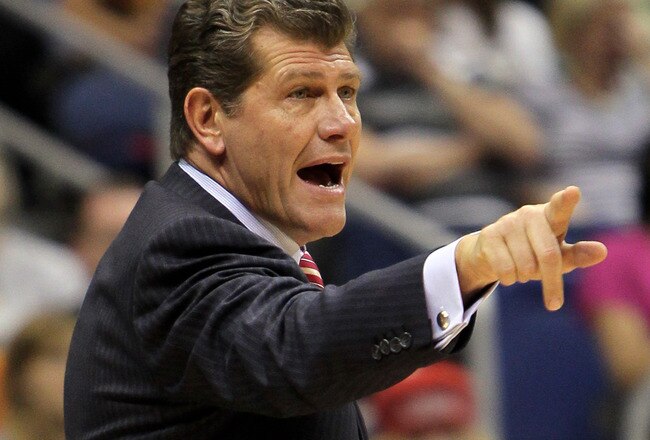 SAN ANTONIO - APRIL 04:  Head coach Geno Auriemma of the Connecticut Huskies reacts in a game against the Baylor Bears during the Women's Final Four Semifinals at the Alamodome on April 4, 2010 in San Antonio, Texas.  (Photo by Jeff Gross/Getty Images)