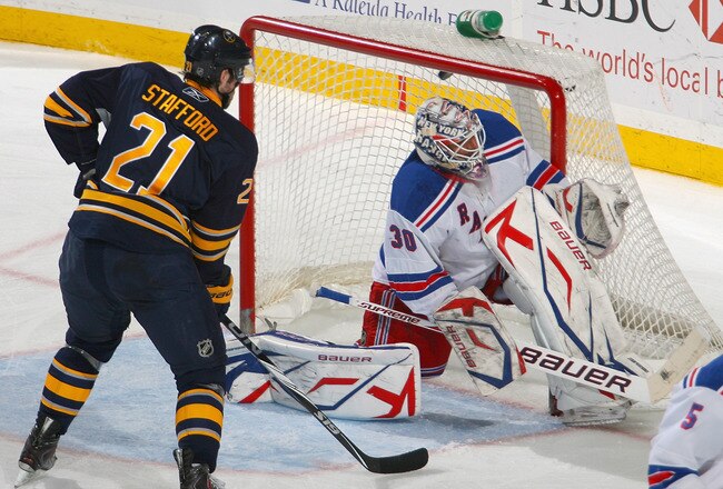BUFFALO, NY - APRIL 06: Drew Stafford #21 of the Buffalo Sabres watches a shot by teammate Derek Roy #9 (not shown) score against Henrik Lundqvist #30 of the New York Rangers for Buffalo's first goal at HSBC Arena on April 6, 2010 in Buffalo, New York.  (Photo by Rick Stewart/Getty Images)