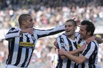 TURIN, ITALY - MARCH 14:  Alessandro Del Piero (R) of Juventus FC celebrates his second goal with Antonio Candreva (C) and David Trezeguet (L) during the Serie A match between Juventus FC and AC Siena at Stadio Olimpico di Torino on March 14, 2010 in Turin, Italy.  (Photo by Valerio Pennicino/Getty Images)