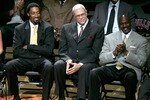 CHICAGO - DECEMBER 9:  (L-R) Scottie Pippen, Phil Jackson and Michael Jordan, formerly of the Chicago Bulls, look on during a ceremony retiring Pippen's #33 at halftime of a game between the Bulls and the Los Angeles Lakers on December 9, 2005 at the United Center in Chicago, Illinois.  NOTE TO USER: User expressly acknowledges and agreees that, by downloading and/or using this Photograph, User is consenting to the terms and conditions of the Getty Images License Agreement. (Photo by Jonathan Daniel/Getty Images)
