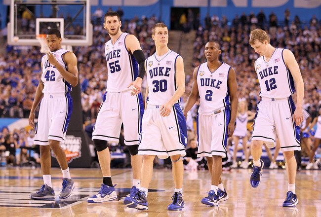 INDIANAPOLIS - APRIL 05:  (L-R) Lance Thomas #42, Brian Zoubek #55, Jon Scheyer #30, Nolan Smith #2 and Kyle Singler #12 of the Duke Blue Devils walk out on the court in the second half while taking on the Butler Bulldogs during the 2010 NCAA Division I Men's Basketball National Championship game at Lucas Oil Stadium on April 5, 2010 in Indianapolis, Indiana.  (Photo by Andy Lyons/Getty Images)