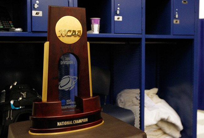 INDIANAPOLIS - APRIL 05:  The national championship trophy sits in the Duke Blue Devils locker room after the Blue Devils won 61-59 against the Butler Bulldogs during the 2010 NCAA Division I Men's Basketball National Championship game at Lucas Oil Stadium on April 5, 2010 in Indianapolis, Indiana.  (Photo by Kevin C. Cox/Getty Images)