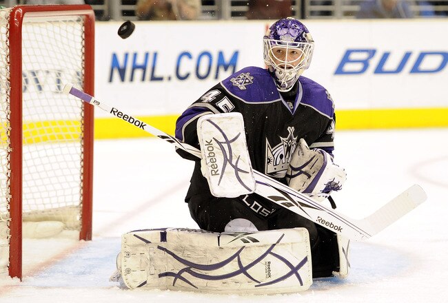 LOS ANGELES, CA - APRIL 01:  Jonathan Bernier #45 of the Los Angeles Kings makes a save against the Vancouver Canucks during the third period at the Staples Center on April 1, 2010 in Los Angeles, California.  (Photo by Harry How/Getty Images)