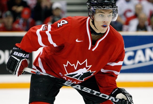 SASKATOON, SK - JANUARY 5:  Taylor Hall #4 of Team Canada waits for a faceoff during the 2010 IIHF World Junior Championship Tournament Gold Medal game against Team USA on January 5, 2010 at the Credit Union Centre in Saskatoon, Saskatchewan, Canada.  Team USA defeated Team Canada 6-5 in overtime.(Photo by Richard Wolowicz/Getty Images)