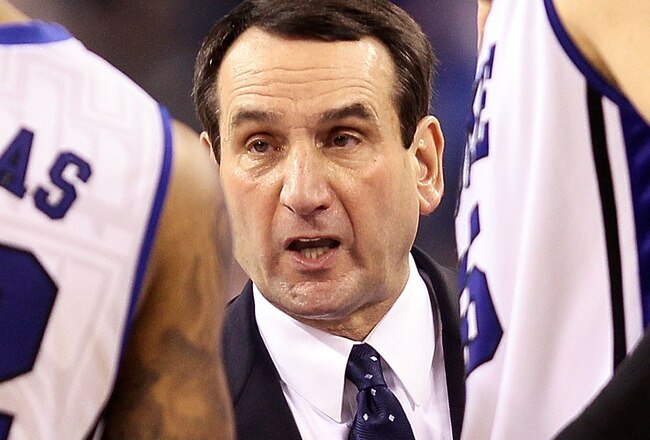 INDIANAPOLIS - APRIL 05:  Head coach Mike Krzyzewski of the Duke Blue Devils talks with Brian Zoubek #55 and Lance Thomas #42 during a timeout against the Butler Bulldogs during the 2010 NCAA Division I Men's Basketball National Championship game at Lucas Oil Stadium on April 5, 2010 in Indianapolis, Indiana. Duke won 61-59.  (Photo by Andy Lyons/Getty Images)
