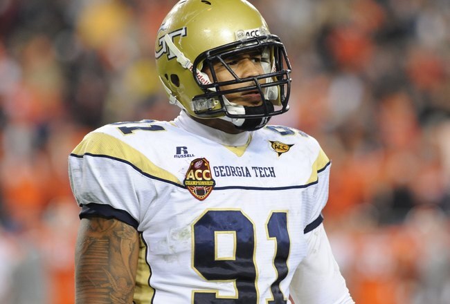 TAMPA, FL - NOVEMBER 28: Defensive end Derrick Morgan #91 of the Georgia Tech Yellow Jackets sets for play against the Clemson Tigers in the 2009 ACC Football Championship Game December 5, 2009 at Raymond James Stadium in Tampa, Florida.  (Photo by Al Messerschmidt/Getty Images) 