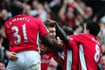 LONDON, ENGLAND - APRIL 03:  Nicklas Bendtner of Arsenal celebrates scoring a late winner during the Barclays Premier League match between Arsenal and Wolverhampton Wanderers at the Emirates Stadium on April 3, 2010 in London, England.  (Photo by Mike Hewitt/Getty Images)