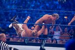 HOUSTON, TX - APRIL 5:  (L-R) Former professional wrestler Ricky 'The Dragon' Steamboat gets thrown to the mat by WWE Superstar Chris Jericho during WrestleMania 25 at Reliant Stadium on April 5, 2009 in Houston, Texas.  (Photo by Bill Olive/Getty Images)