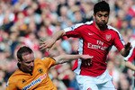 LONDON, ENGLAND - APRIL 03:  Eduardo of Arsenal is challenged by Jody Craddock of Wolverhampton Wanderers during the Barclays Premier League match between Arsenal and Wolverhampton Wanderers at the Emirates Stadium on April 3, 2010 in London, England.  (Photo by Mike Hewitt/Getty Images)