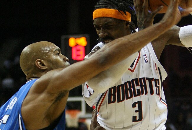 CHARLOTTE, NC - NOVEMBER 10:  Vince Carter #15 of the Orlando Magic guards Gerald Wallace #3 of the Charlotte Bobcats during their game at Time Warner Cable Arena on November 10, 2009 in Charlotte, North Carolina.  (Photo by Streeter Lecka/Getty Images)