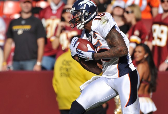 LANDOVER, MD - NOVEMBER 15:  Brandon Marshall #15 of the Denver Broncos makes a touchdown catch in the first quarter during the game against the Washington Redskins at FedExField on November 15, 2009 in Landover, Maryland. The Redskins won 27-17. (Photo by Larry French/Getty Images)