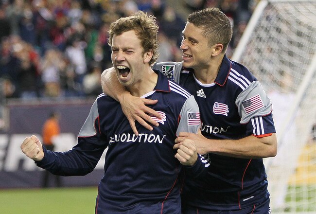 FOXBORO, MA - APRIL 10: Zack Schilawski #15 of the New England Revolution celebrates the first of three goals with teammate Chris Tierney #8 in the second half against the Toronto FC by at Gillette Stadium on April 10, 2010 in Foxboro, Massachusetts. (Photo by Jim Rogash/Getty Images)