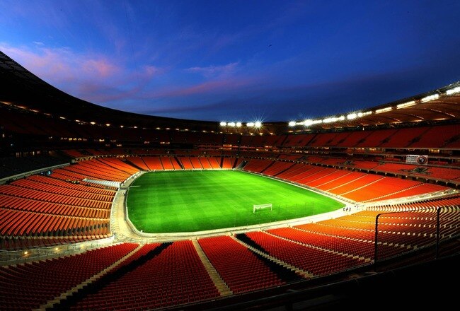 JOHANNESBURG, SOUTH AFRICA - MARCH 16: (NO SALES) In this handout image provided by the 2010 FIFA World Cup Organising Committee South Africa A general view of the testing of lights at Soccer City during the FIFA Stadium Inspection Tour on March 16, 2010 in Johannesburg, South Africa. (Photo by 2010 FIFA World Cup Organising Committee South Africa via Getty Images)