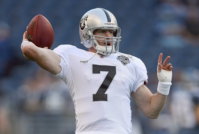 SEATTLE - SEPTEMBER 03: Quarterback Jeff Garcia #7 of the Oakland Raiders looks to pass before the game against the Seattle Seahawks on September 3, 2009 at Qwest Field in Seattle, Washington. (Photo by Otto Greule Jr/Getty Images)    