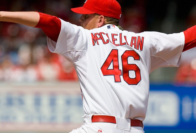 ST. LOUIS, MO - APRIL 30: Relief pitcher Kyle McClellan #46 of the St. Louis Cardinals throws against the Cincinnati Reds on April 30, 2008 at Busch Stadium in St. Louis, Missouri.  The Cardinals beat the Reds 5-2. (Photo by Dilip Vishwanat/Getty Images)