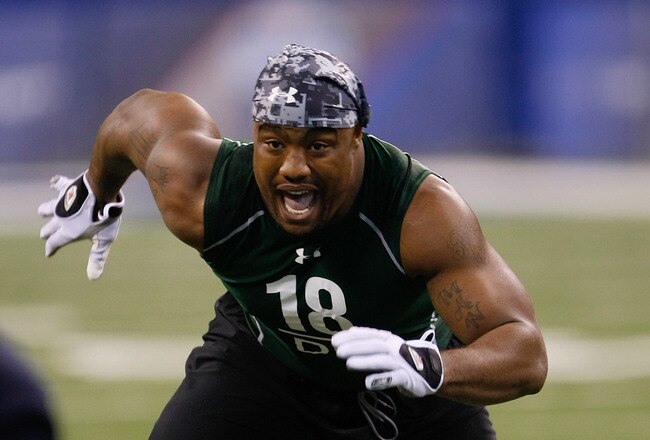 INDIANAPOLIS, IN - MARCH 1: Defensive lineman Everson Griffen of USC runs in practice drills during the NFL Scouting Combine presented by Under Armour at Lucas Oil Stadium on March 1, 2010 in Indianapolis, Indiana. (Photo by Scott Boehm/Getty Images)
