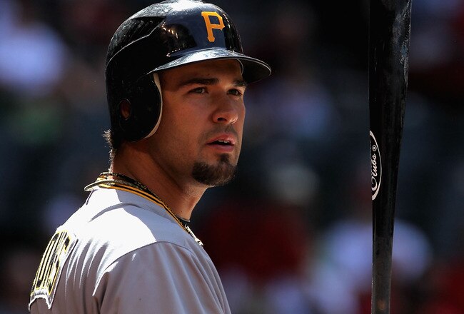 PHOENIX - APRIL 11:  Garrett Jones #46 of the Pittsburgh Pirates warms up on deck during the major league baseball game against the Arizona Diamondbacks at Chase Field on April 11, 2010 in Phoenix, Arizona.  (Photo by Christian Petersen/Getty Images)