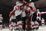 NEW YORK - JANUARY 14: The Ottawa Senators surround goaltender Mike Brodeur #31 following his 2-0 shut out win over the New York Rangers at Madison Square Garden on January 14, 2010 in New York, New York. (Photo by Bruce Bennett/Getty Images)