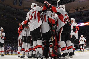 NEW YORK - JANUARY 14: The Ottawa Senators surround goaltender Mike Brodeur #31 following his 2-0 shut out win over the New York Rangers at Madison Square Garden on January 14, 2010 in New York, New York. (Photo by Bruce Bennett/Getty Images)