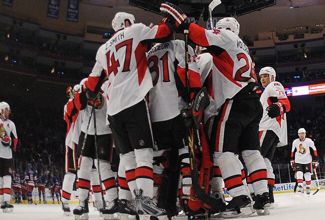 NEW YORK - JANUARY 14: The Ottawa Senators surround goaltender Mike Brodeur #31 following his 2-0 shut out win over the New York Rangers at Madison Square Garden on January 14, 2010 in New York, New York. (Photo by Bruce Bennett/Getty Images)