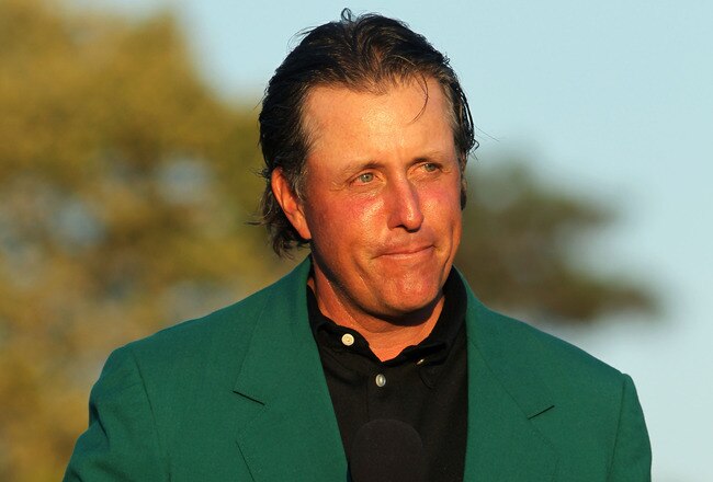AUGUSTA, GA - APRIL 11:  Phil Mickelson speaks to the gallery during the green jacket presentation after the final round of the 2010 Masters Tournament at Augusta National Golf Club on April 11, 2010 in Augusta, Georgia.  (Photo by Jamie Squire/Getty Images)