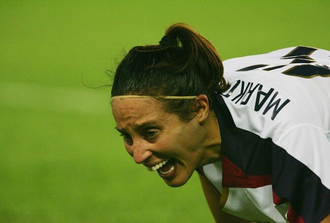 HANGZHOU, CHINA - SEPTEMBER 27:  Kate Markgraf of USA looks on during the Womens World Cup 2007 Semi Final match between USA and Brazil at Hangzhou Dragon Stadium on September 27, 2007 in Hangzhou, Zhejiang province of China. (Photo by Feng Li/Getty Images)