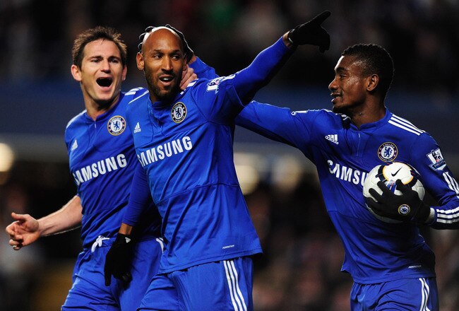 LONDON, ENGLAND - APRIL 13:  Nicolas Anelka of Chelsea (C) celebrates with Frank Lampard (L) and Salomon Kalou (R) as he scores their first goal during the Barclays Premier League match between Chelsea and Bolton Wanderers at Stamford Bridge on April 13, 2010 in London, England.  (Photo by Jamie McDonald/Getty Images)